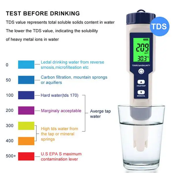 

5 in 1 TDS/EC/PH/Salinity/Temperature Meter Digital Water Quality Monitor Tester for Pools, Drinking Water, Aquariums