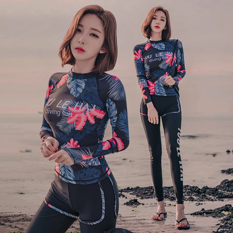 Ladies summer beach wear long sleeves surfing suit padded sexy rashguards floral print sport high quality swimsuit Diving suit