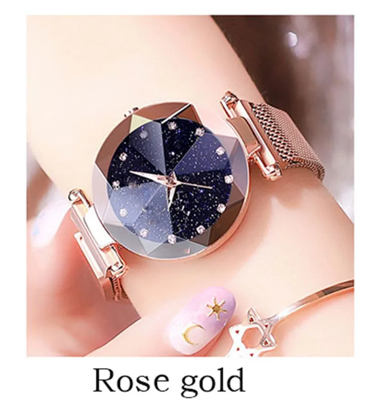 XK-Rose gold Luxury ladies watch magnet stainless steel mesh with starry fashion diamond female luminous shining quartz watch relogio feminin - Цвет: XK-Rose gold