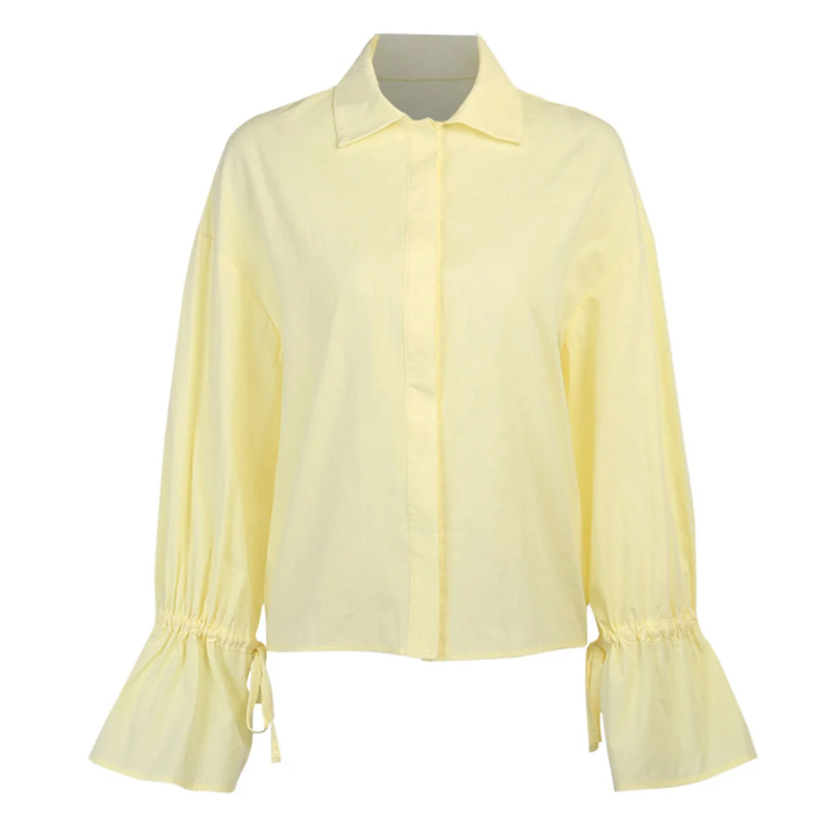 

YHLZBNH Women Casual Cotton Linen Solid Shirts Autumn Fall Buttons Lapel Elastic Tie Long Puff Sleeves Blouse Tops