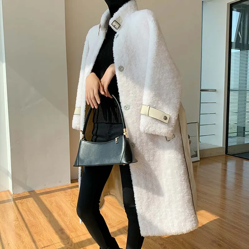 100% Wool Coat Real Fur Overcoats for Women Winter Warm Beige Full Sleeves Belts Standard Collar Female Outwear Elegant Jackets