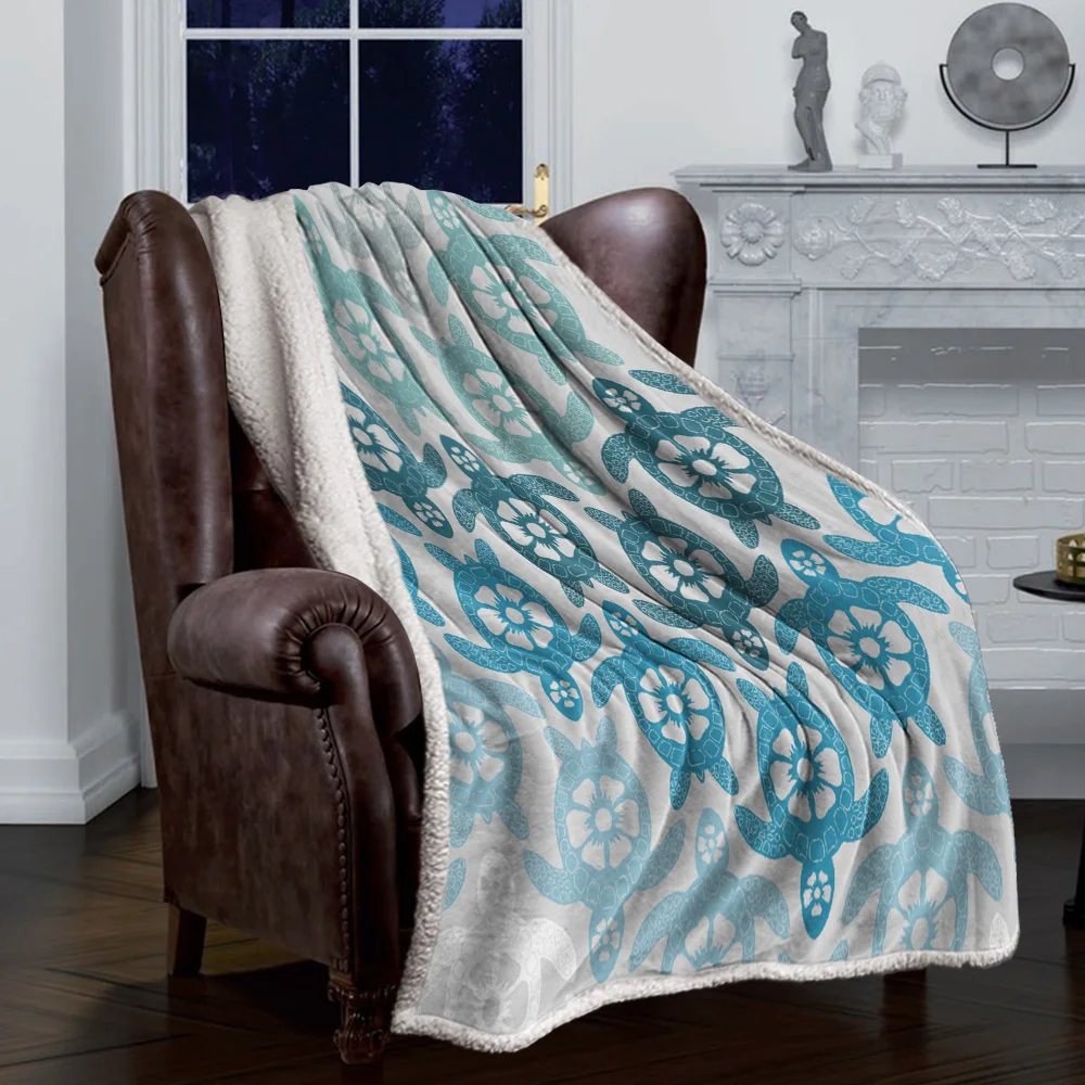 Коралловое синее морское черепаховое зеленое белое одеяло с цветочным рисунком