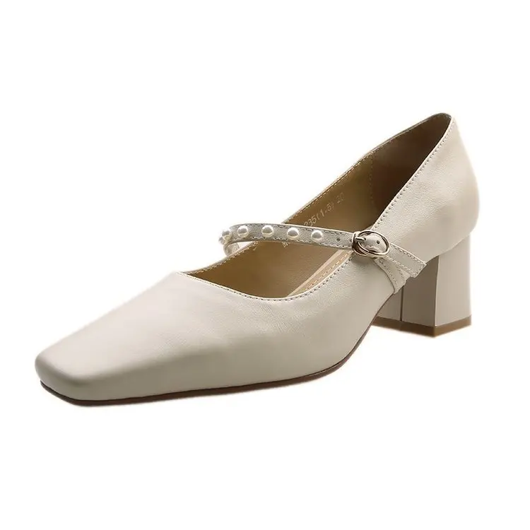 

Women Shoes 2021 Spring Pumps Chunky Sandals Casual Heels Footwear Square Toe Latest Mary Jane Block Comfortable Beige African S