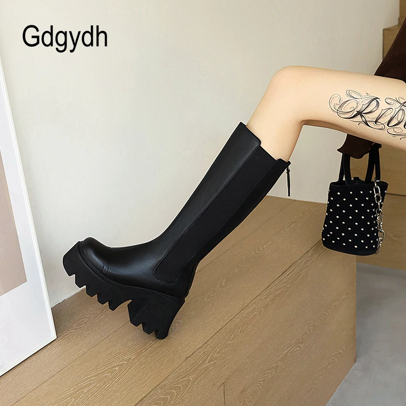 Gdgydh Goth/женские сапоги до колена на платформе размера плюс Черные осенние меху в