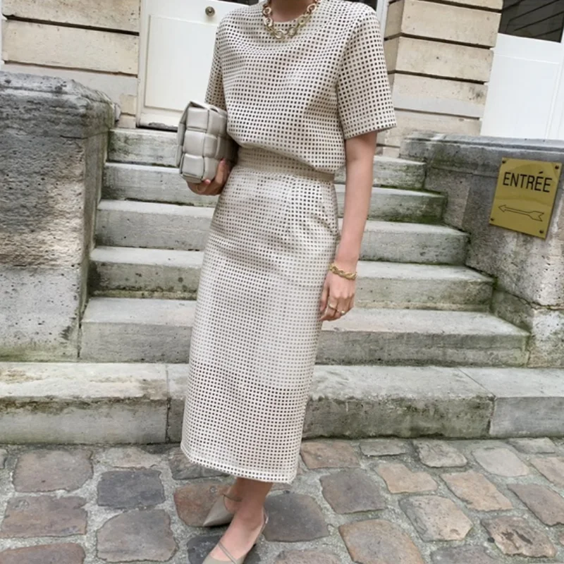 

Retro O Neck Mesh Hollow See-through Leather Short Sleeve Tops + High Waist Bodycon Sexy Elegant Skirts Women Two Piece Sets