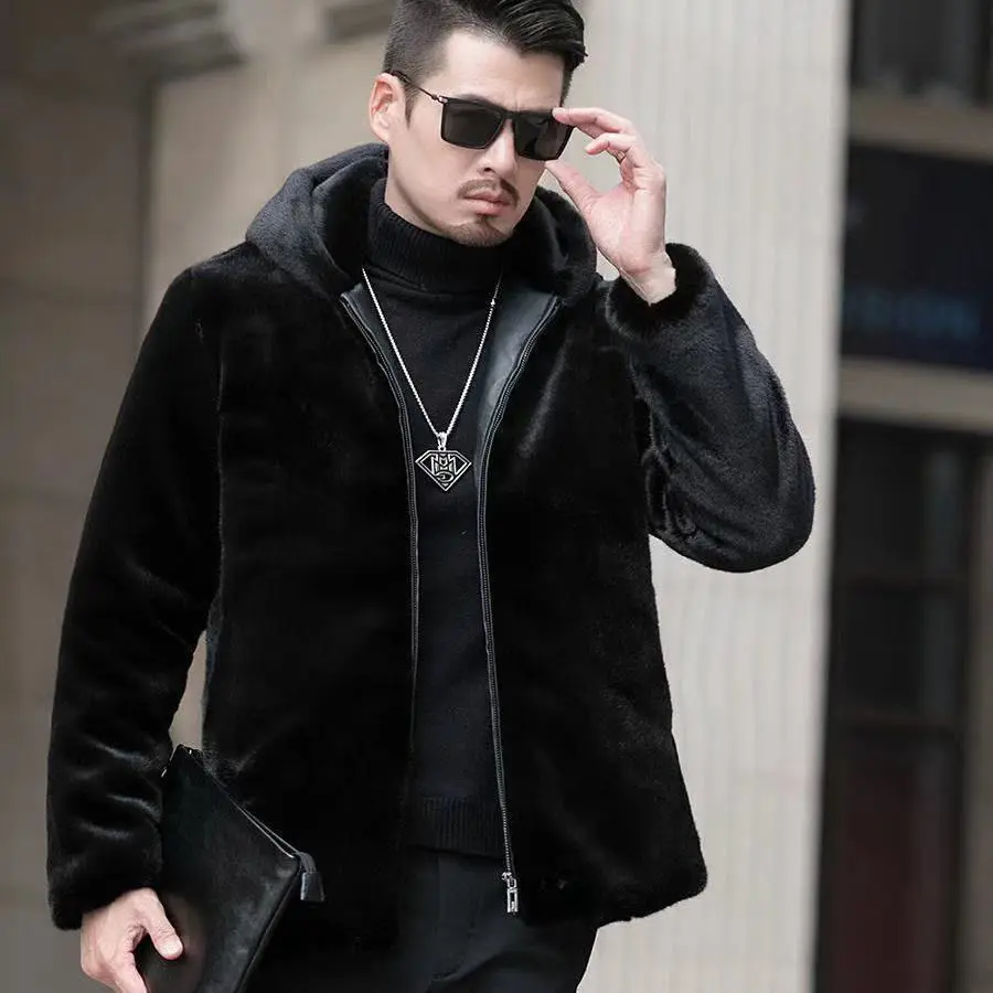 Mink coat men's short mink coat imported imitation mink fur casual hooded men's whole mink fur winter clothes