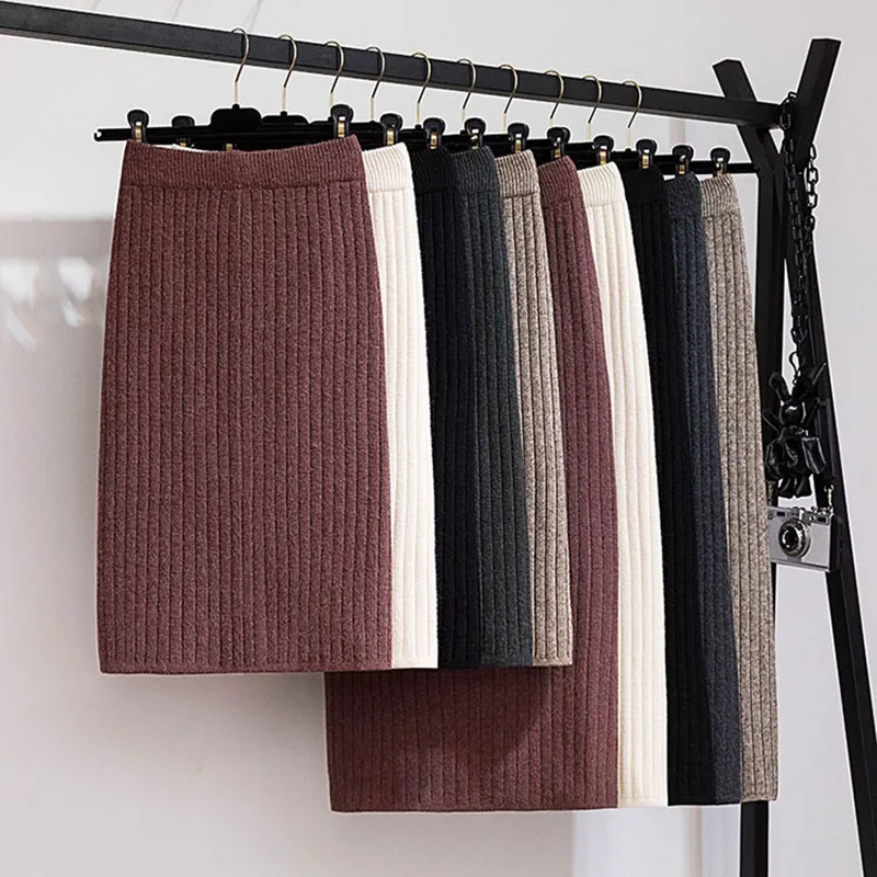 

GIGOGOU 60-80CM Elastic Band Women Skirts Autumn Winter Warm Knitted Straight Skirt Ribbed Ribbed Mid-Long Skirt Black