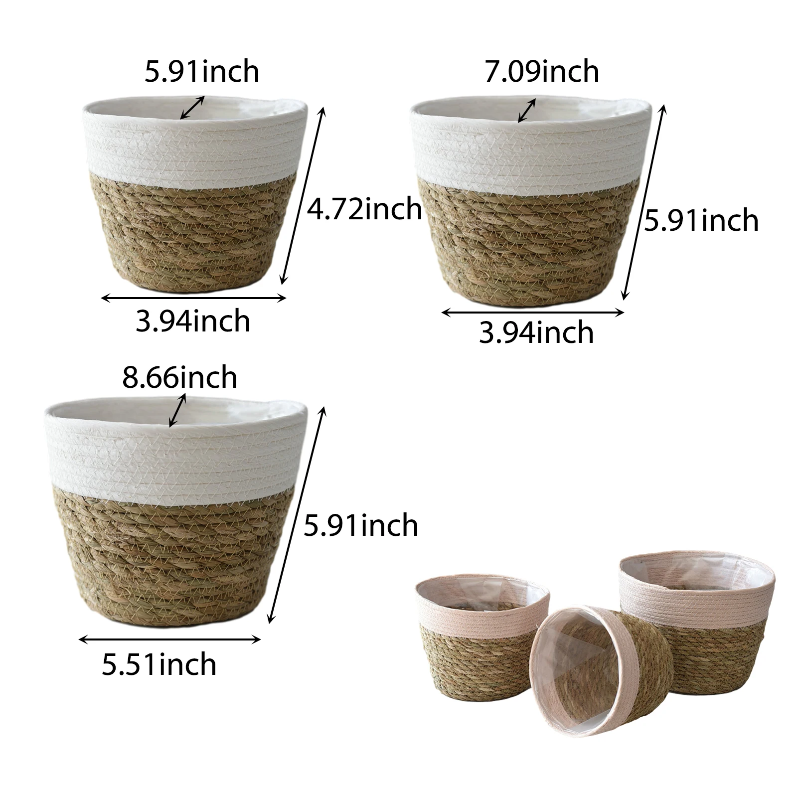 

3Pcs Woven Flower Pot Cover Equipped With Internal Plastic Lining Durable Natural Flower Pot Planter Decoration
