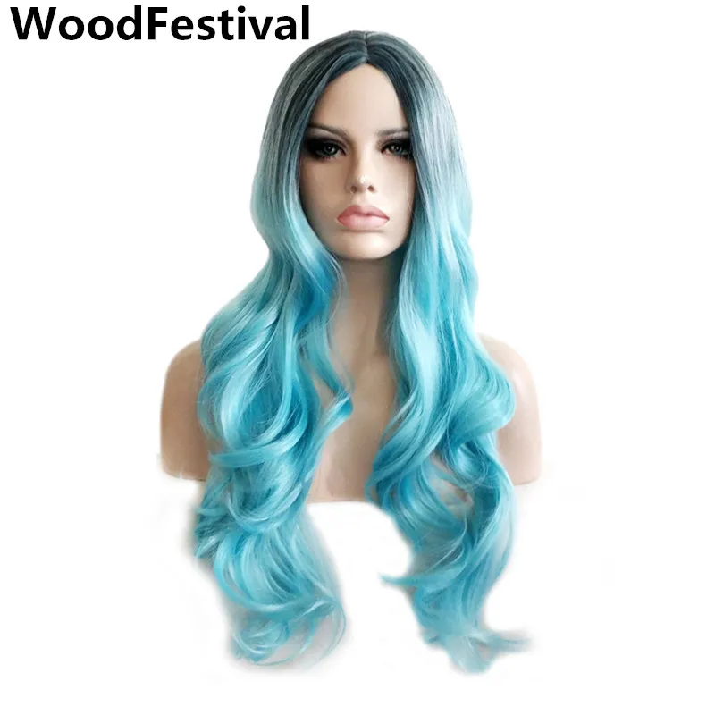 WoodFestival смешанные цвета синий коричневый длинные парики для женщин термостойкие синтетические косплей парик Волнистые