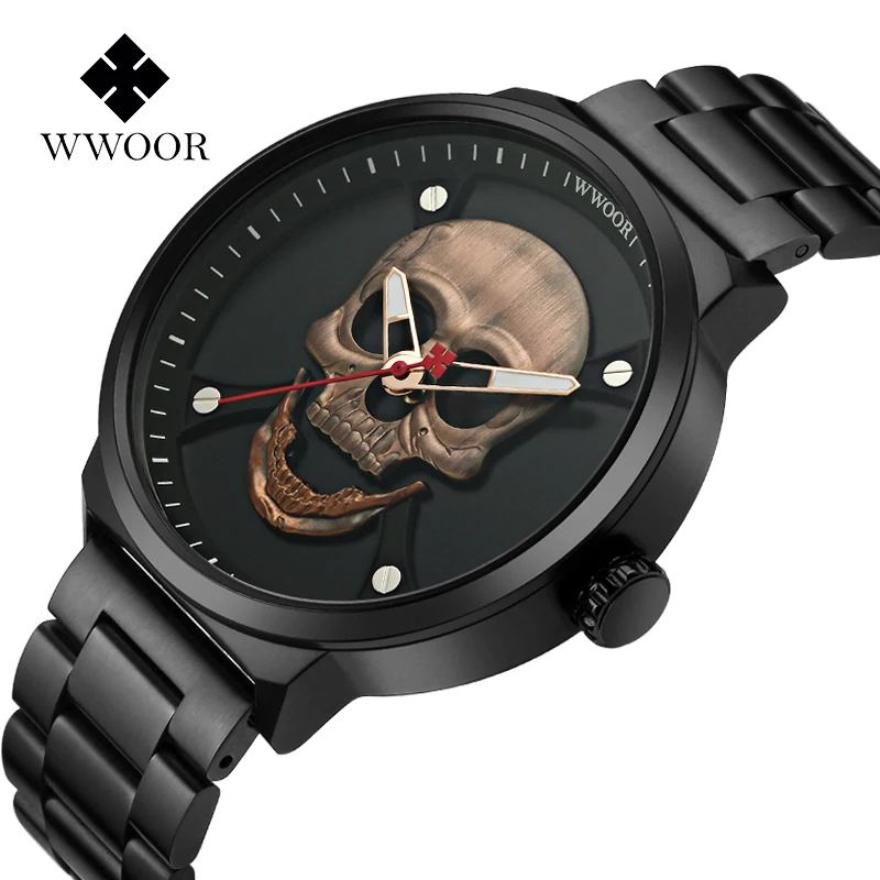 

WWOOR Fashion Pirate Style Skull Watch Men Top Brand Luxury Men Waterproof Stainless Steel Quartz Wrist Watches Sports Men Clock