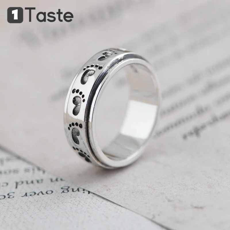 

ONE TASTE S925 Silver Thai Carved Footprint Ring For Unisex Fine Jewelry Rotatable Creative Design Unique Trendy Rings Gift