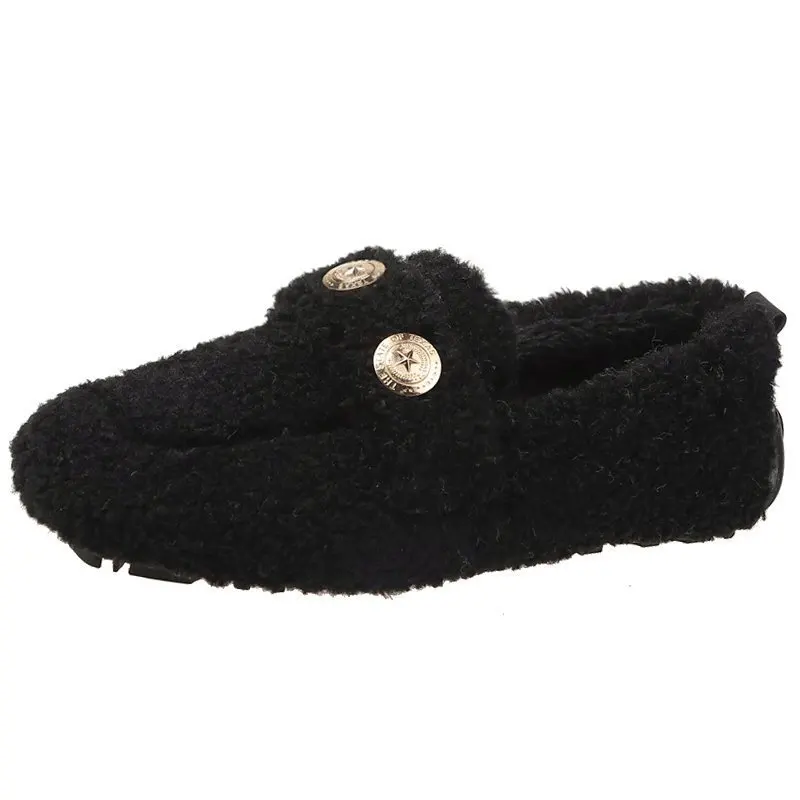 

2020 New Warm Plush Women Shoes Woman Slip on Autumn Winter Fur Casual Shoes Round Toe Metal Buckle Loafers Flats Plus Size