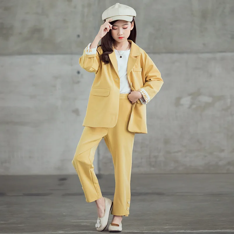 

5-15y Kids Blazers Spring Autumn Girl Casual Coat+Pants 2pcs Suit Jackets Elastic Waist Single Button Children Top Clothes H104