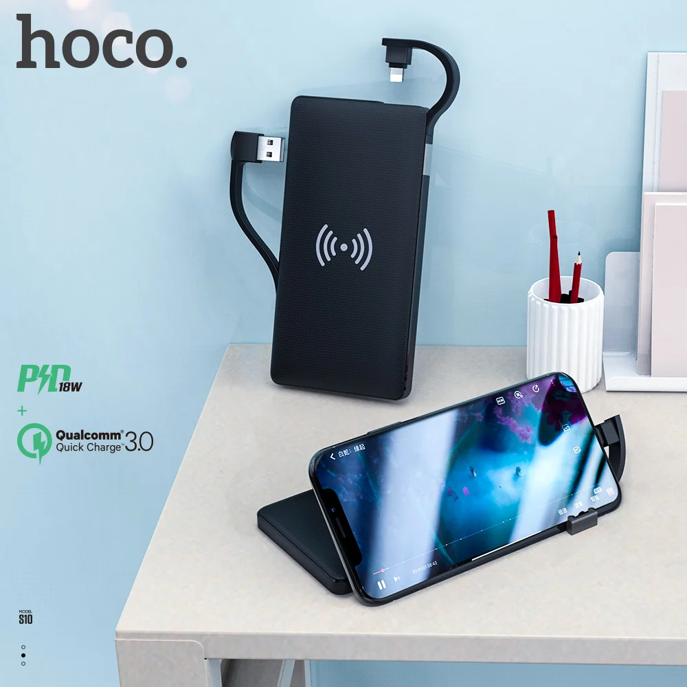 Hoco 3в1 QC3.0+ PD 18 Вт power Bank 10000 мА-ч, беспроводное зарядное устройство power bank с кабелем для iPhone X 11 Pro HUAWEI mate 30 быстрое зарядное устройство