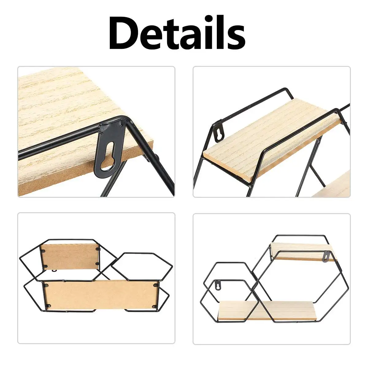 

Nordic wooden wrought iron wall hanging shelf hexagonal geometric storage rack hanging storage household decoration rack