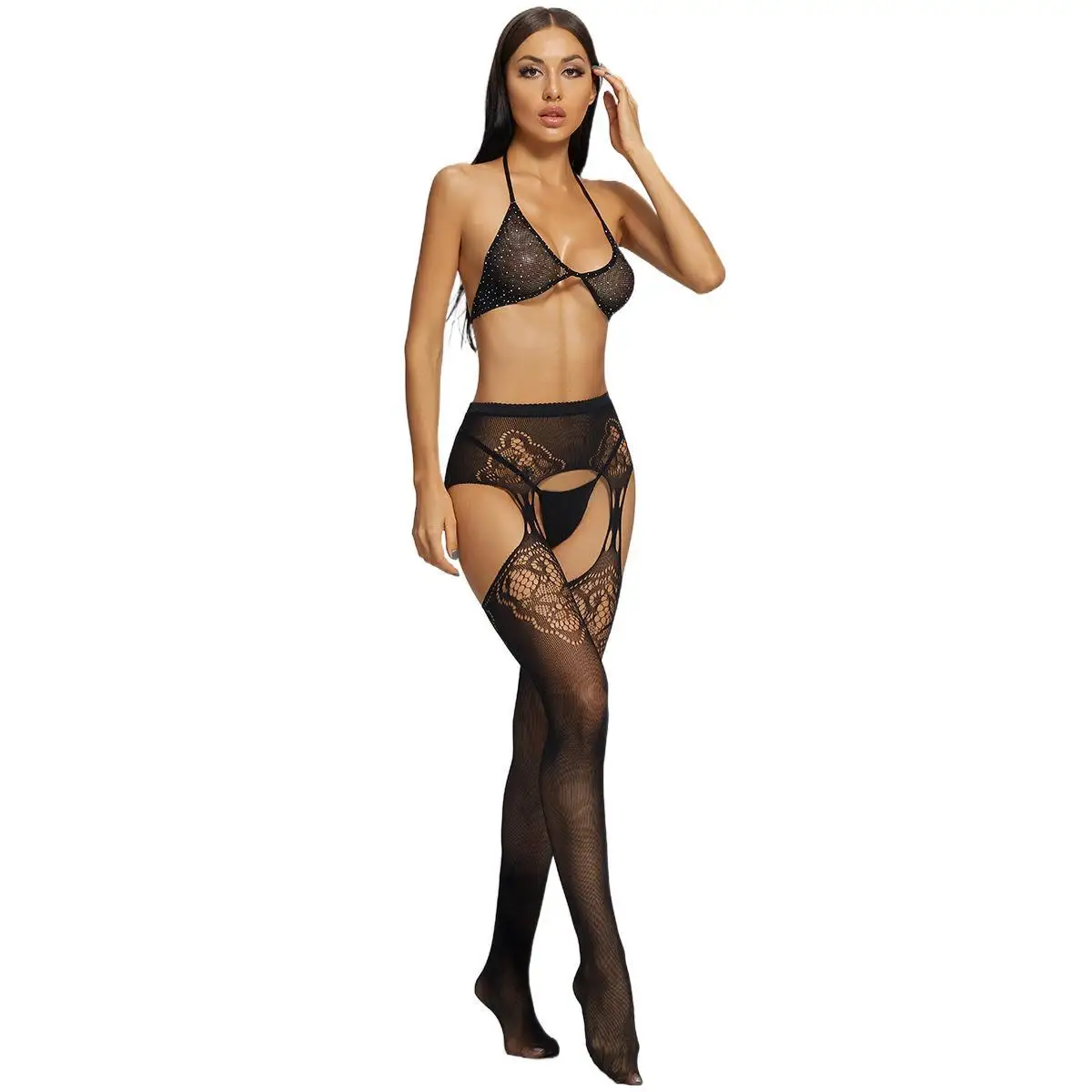 

Сексуальный комплект нижнего белья, кружевной бюстгальтер с лямкой на шее и сексуальные стринги, нижнее белье, чулки, женская сексуальная о...