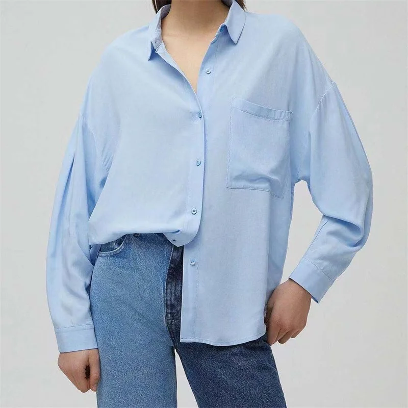 

ZXQJ Women 2021 Fashion Drape Fabric Pockets Oversized Blouses Vintage Long Sleeve Button-up Female Shirts Chic Tops