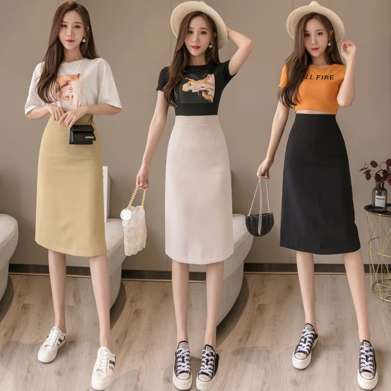 

2021 Fashion Simple Split Pure Color Skirt Elegant Temperament High Waist Women A-Line Elegant Skirts Summer Pink Midi Skirt