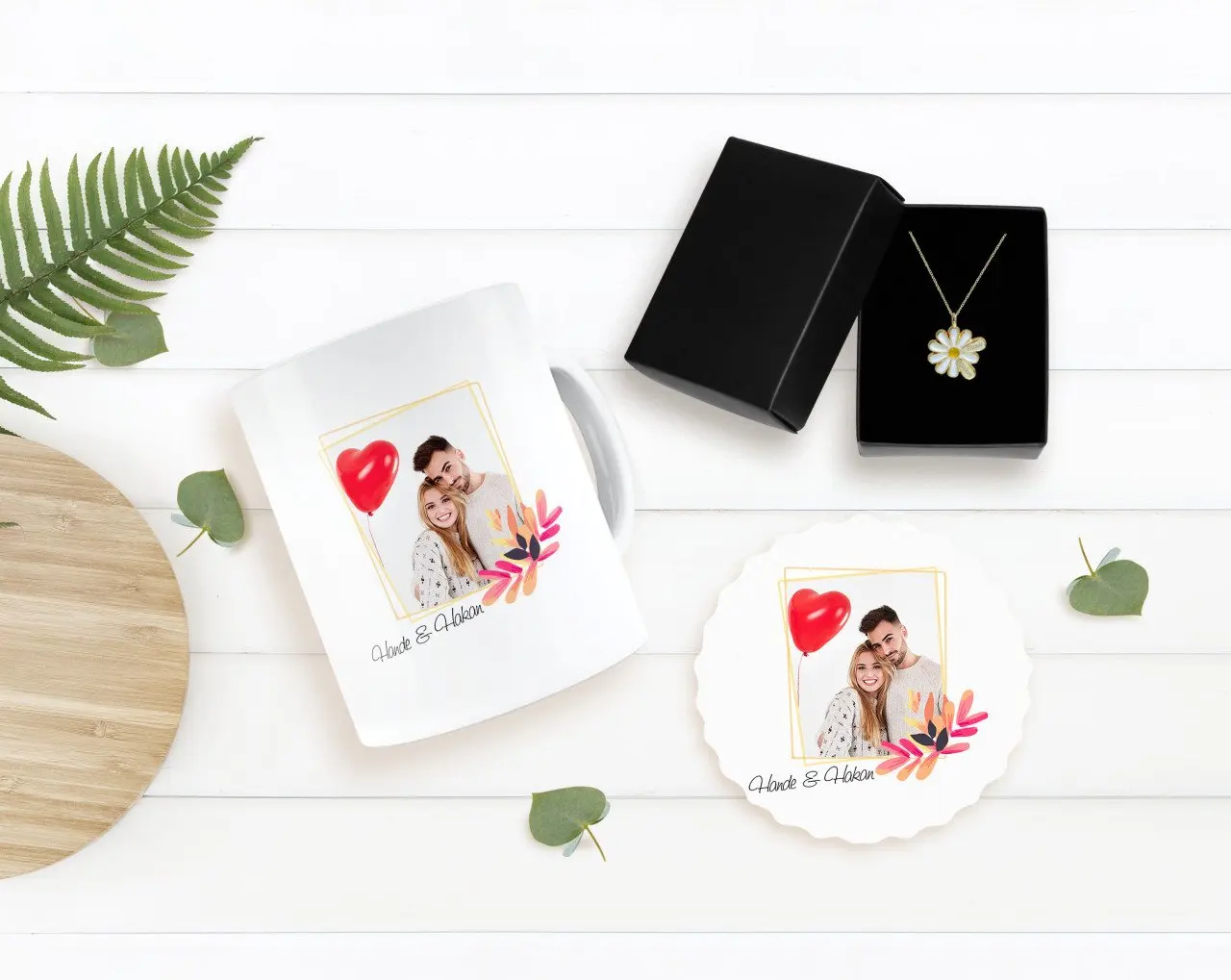 

Персонализированные ко Дню Святого Валентина тематические Фото Подставка под кружку и двойной ожерелье Маргаритка Seti-29