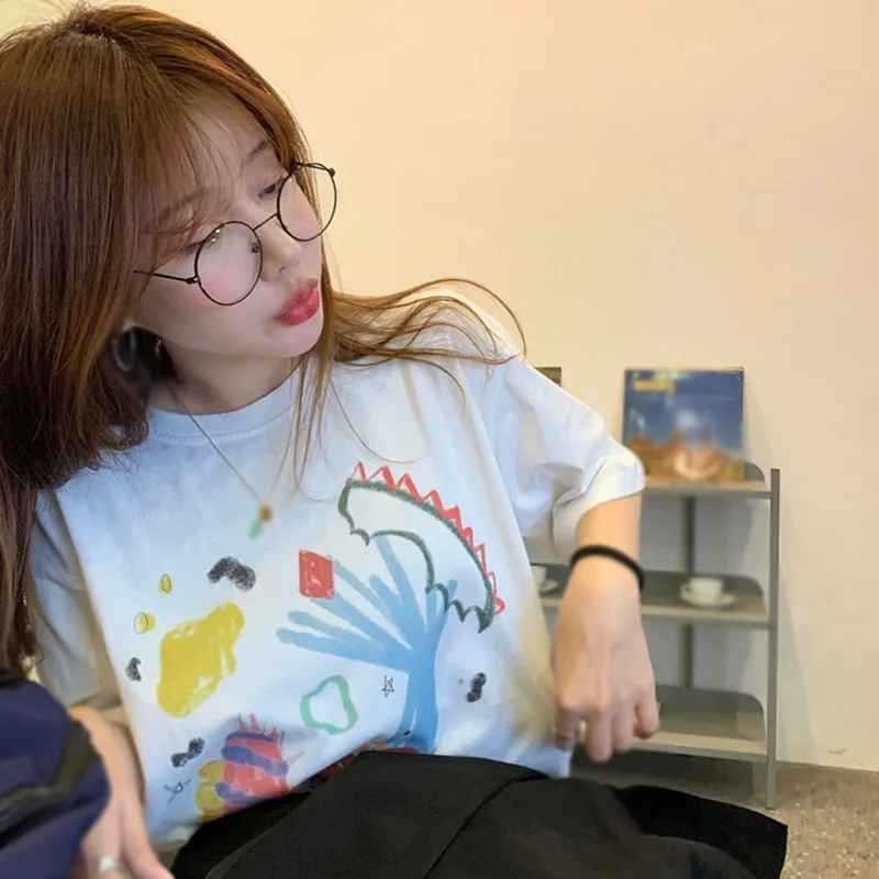 

Футболка женская с мультяшным принтом, свободный кроп-топ с коротким рукавом, Повседневная рубашка в стиле Харадзюку, на лето