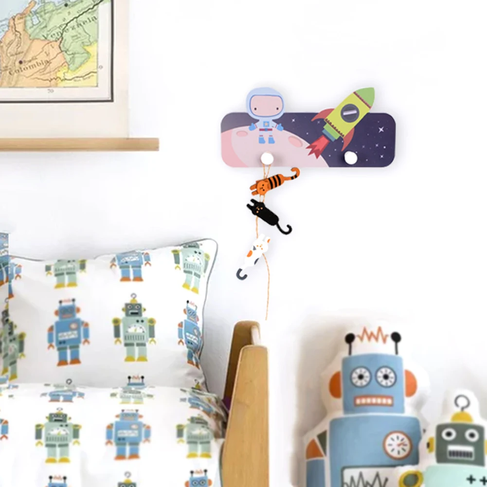 

Cartoon Storage Wall Mounted Wooden Bathroom Hats Multifunctional Home Decor Clothes Hook Towels Cute Astronaut Self Adhesive