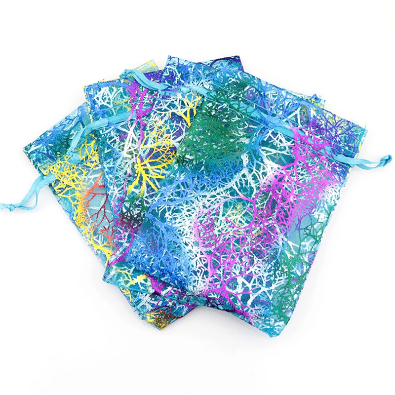 

100pcs 9x12CM Small Blue Coralline Pattern Organza Bags Jewelry Packaging Bags Wedding Party Decoration Drawable Gift Bags Pouch