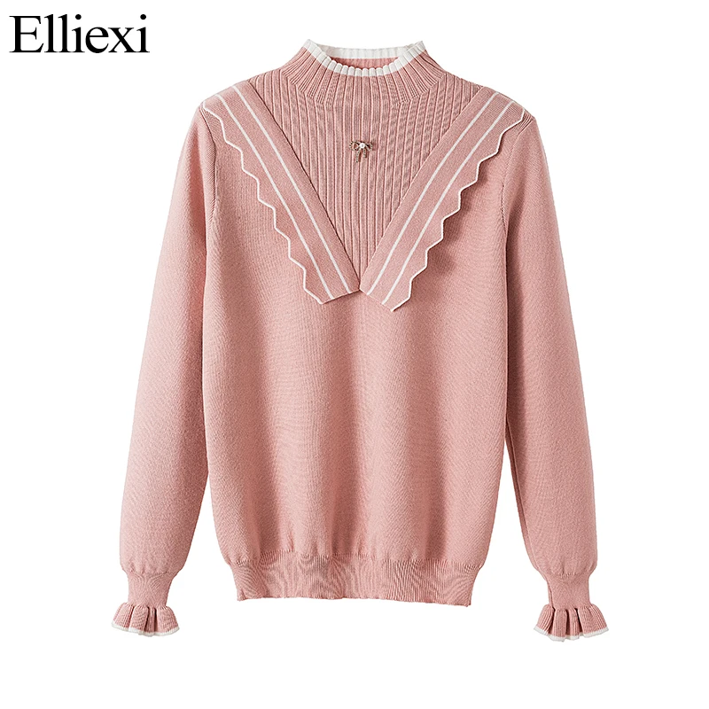 

ELLIEXI Autumn Winter Pink Half Turtleneck Sweater Women Outer Wear Ruffled All-match Base Knitted Top Warm Preppy Style Sweater