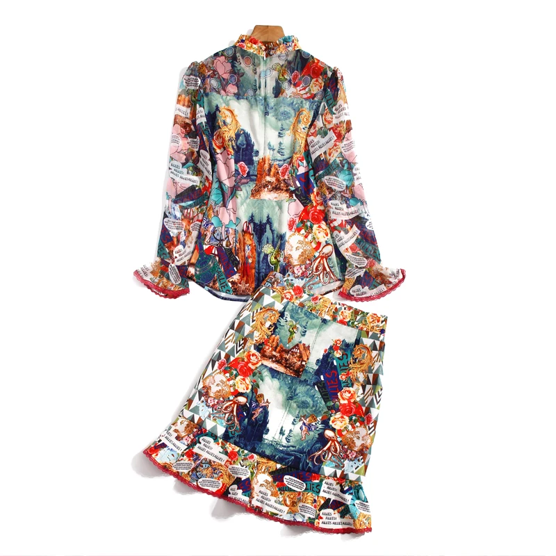 

Designer Spring Lace Ruffled Fringed Chiffon Tops Casual Fashion Half Skirt Vintage Elegant Print Women'S Sets