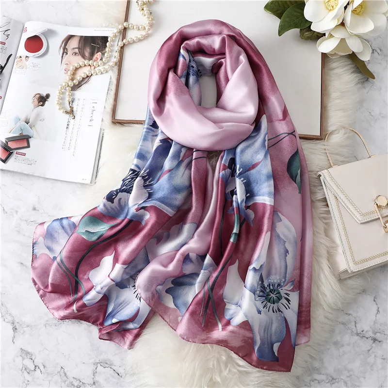 2019 роскошный бренд розовый цветочный принт зимний женский шелковый шарф Шея