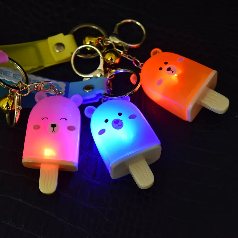 Creative Glow Bear Face Ice Cream Keychain Women Bag Pendent Cute Cheers Flower Lanyard Stick Key Holder Animal Car Keyring Gift