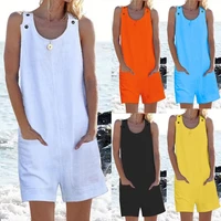 summer cotton linen sleeveless women playsuits o neck buttons pocket female jumpsuit 2021 solid loungewear loose ladies romper