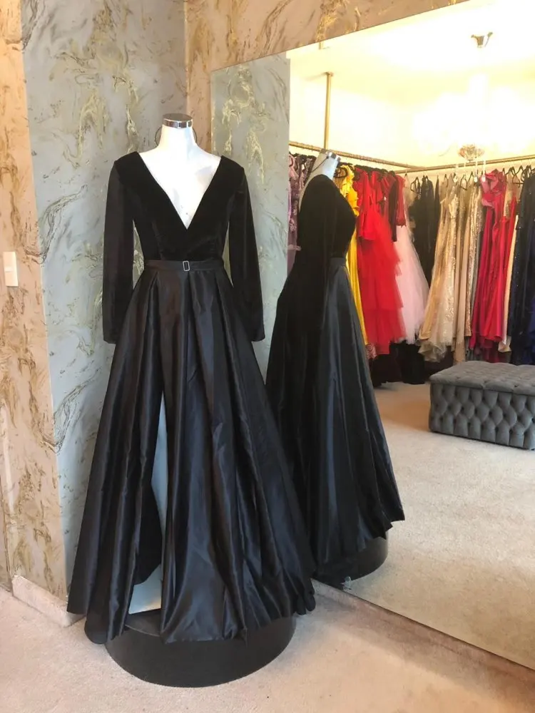 Вечернее платье с длинными рукавами и глубоким v-образным вырезом; vestido de festa; Сатиновые вечерние платья с велюром; Robe De Soiree; abiye gece elbisesi
