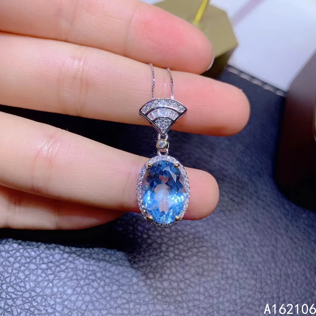 Fine Jewelry 925 Pure Silver Inlaid Natural Sky Blue Topaz Girl Luxury Popular Chinese Style Gem Pendant Necklace Support Detect