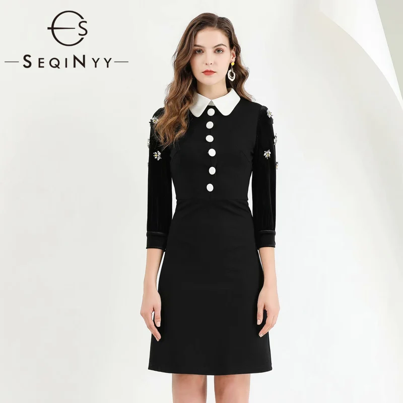 SEQINYY черное платье весна осень модный дизайн для женщин 3/4 рукав высокое качество пчела кристалл бархат тонкий мини платье
