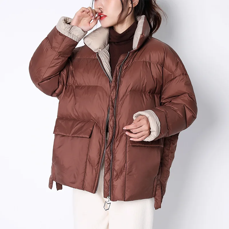 Женское винтажное короткое пальто, однотонная куртка-пуховик на белом утином пуху с воротником-стойкой, зимняя модная пуховая куртка, 2021
