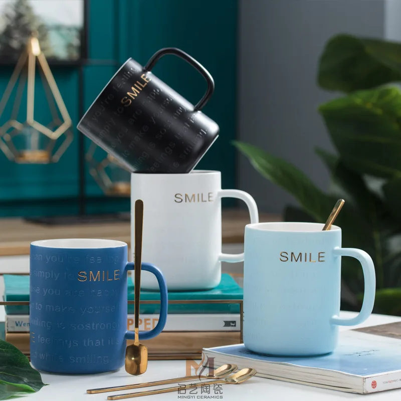 

Nordic Embossed Ceramic Cup with Spoon Ins3d Creative Alphabet High Temperature Resistant Mug Business Meeting Office Coffee Cup