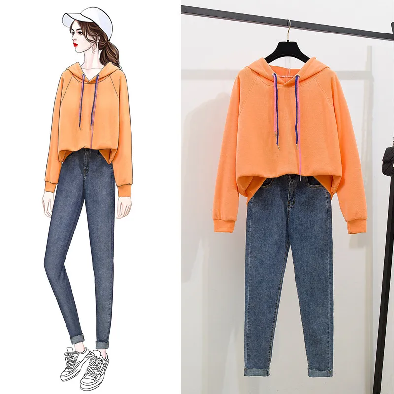 

Ladies blouse long sleeves hoodies denim trousers wool coat loose hooded fleece skinny jeans suit 2 pcs clothing set casual