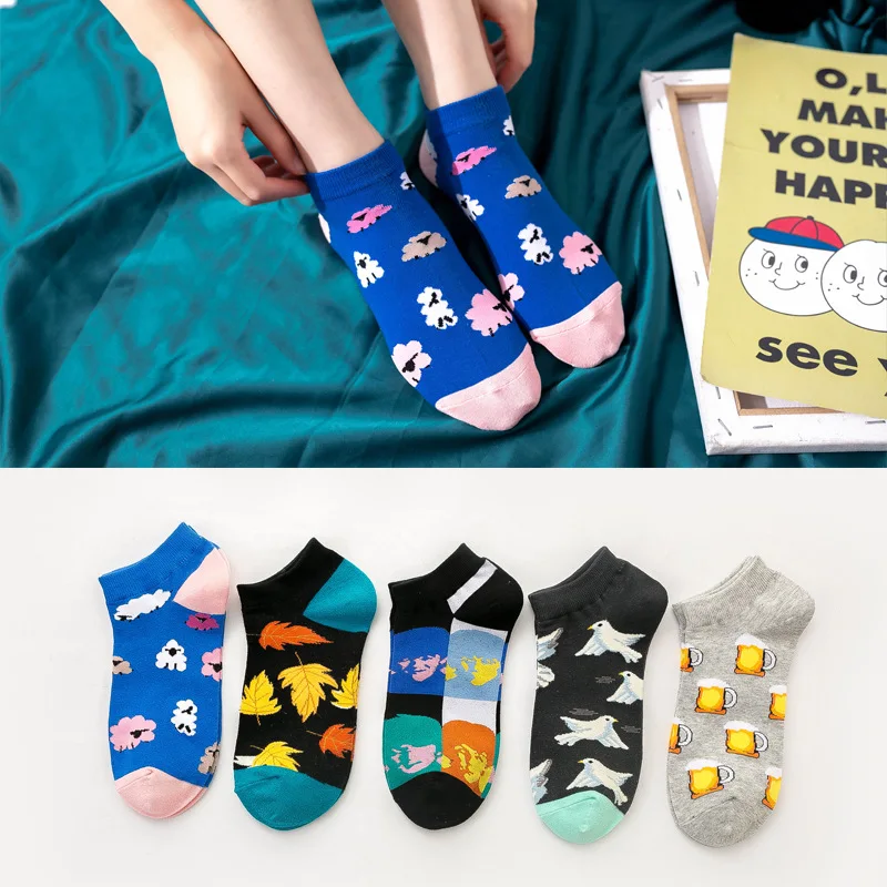 Женские летние слиперы 5 пар забавных мультяшных коротких носков для девочек с
