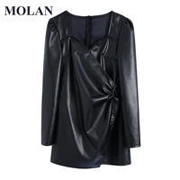 molan sexy pu woman dress fashion new long sleeve high street vintage leather long dress black zipper female fashion dress