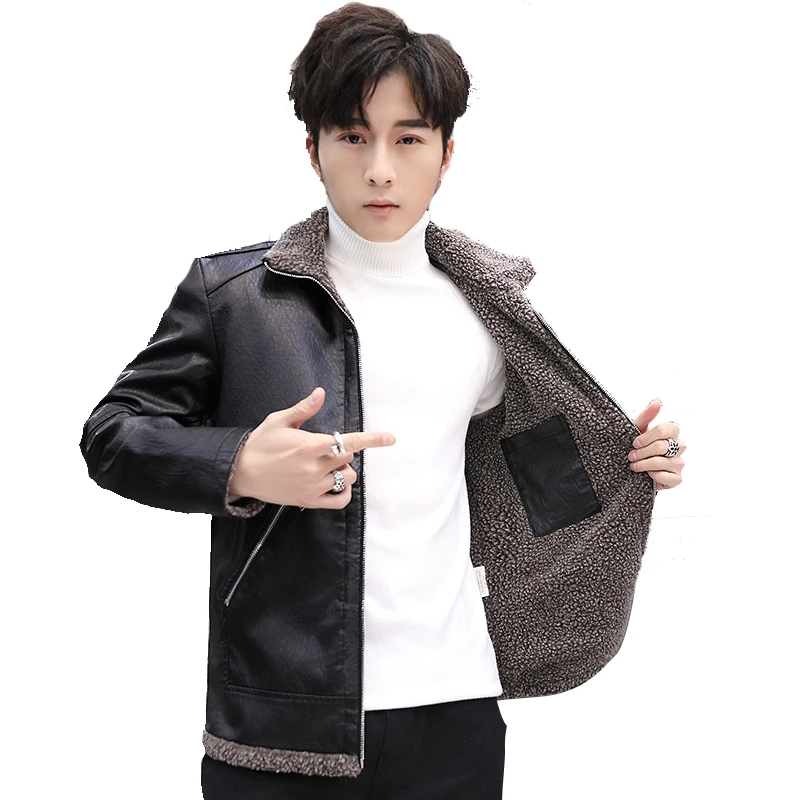 Mens Stand Collar Faux Leather Jackets Bomber Leather Fur Jacket Outdoor Thicken Fleece Coat