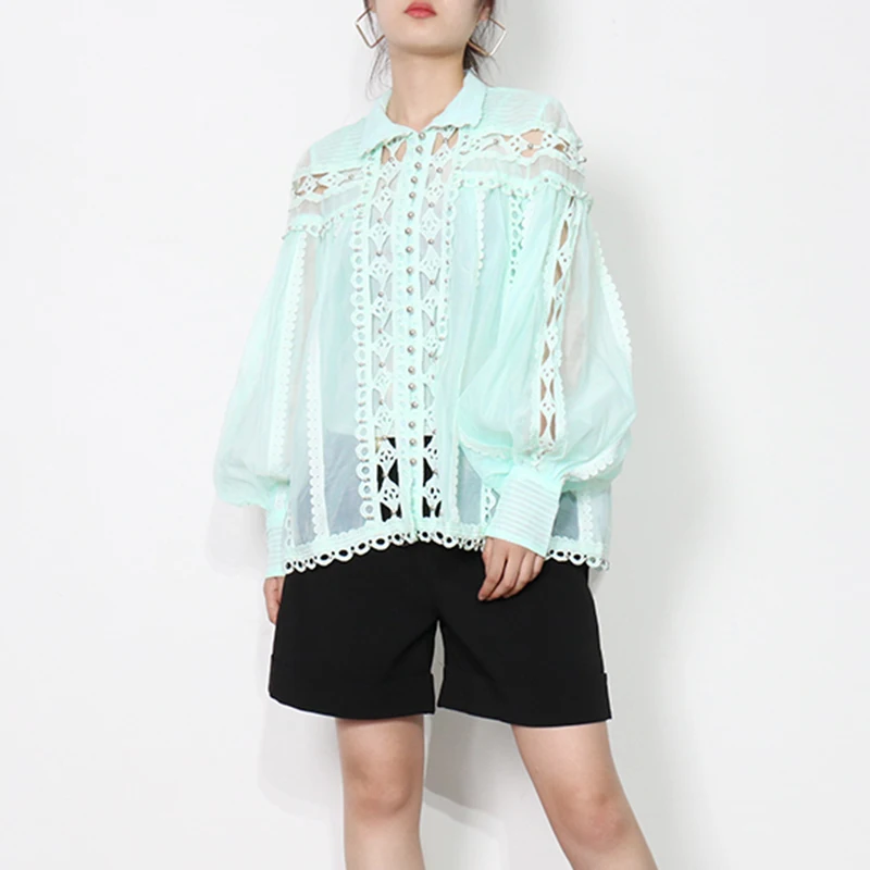 

XIZIHUPAN Loose White Hollow Out Shirt For Women Lapel Long Sleeve Casual Elegant Blouse Female Fashion New Clothing 2021 Tide