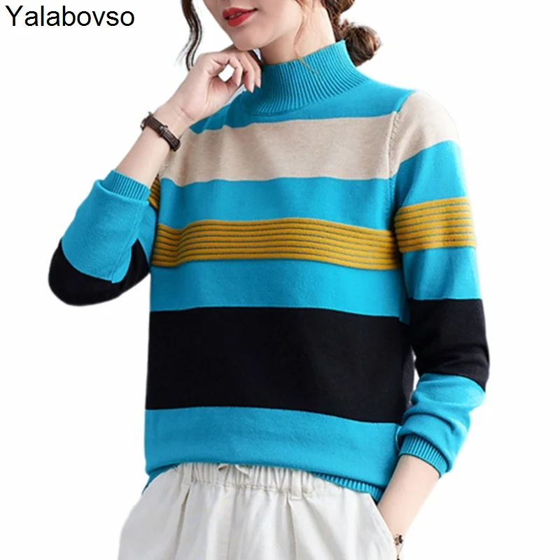 

Blue Black Striped Sweater Women's Clothing 2021 Autumn New Slim Half High Collar Long Sleeve Bottoming Tees And Tops Female