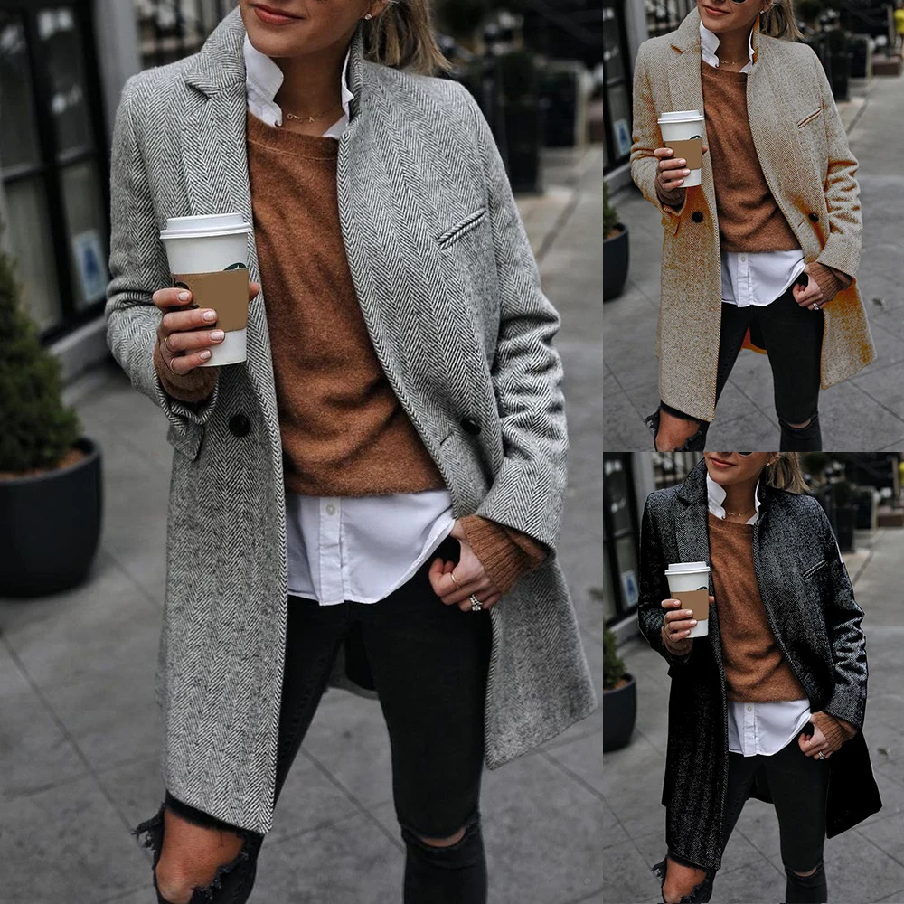 

Woolen Coat For Women Casual Jackets Woolen Overcoat Elegant SIGNAL Breasted Long Ladies Mid-length Coat Outwear