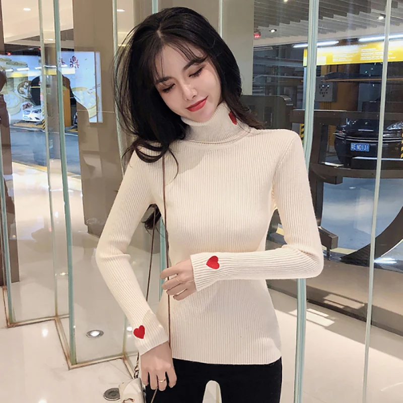 Осенне-зимний женский свитер с высоким воротом эластичный трикотажный пуловер
