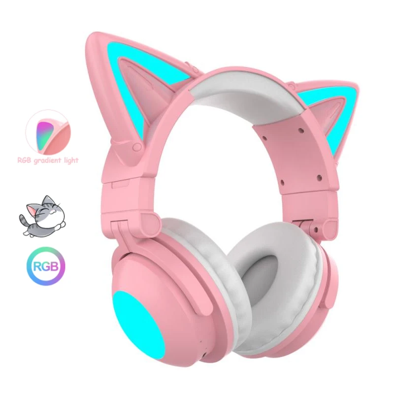 

Разноцветные розовые наушники с кошачьими ушками для девочек, наушники с микрофоном и шумоподавлением, Детская Bluetooth-гарнитура для геймеро...
