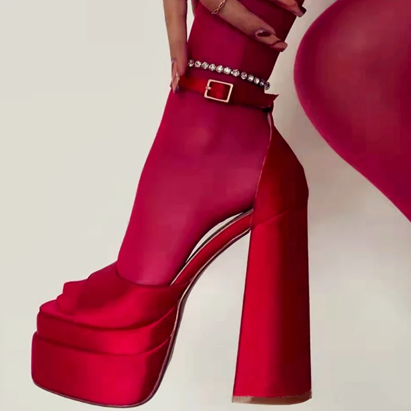 

High Heel Sandals For Women 2022 Solid Color High Quality Peep Toes Square Heel Open Toes Platform Sexy Party Shoes Female