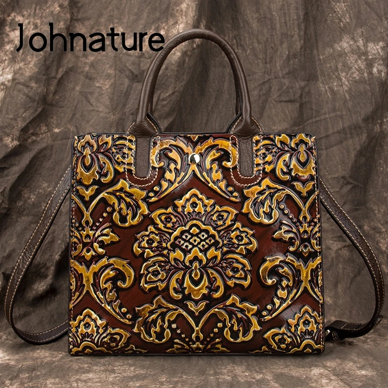 Johnature Leisure Genuine Leather Large Capacity Luxury Handbags Women Bags 2022 New Retro Handmade Embossing Shoulder Bags