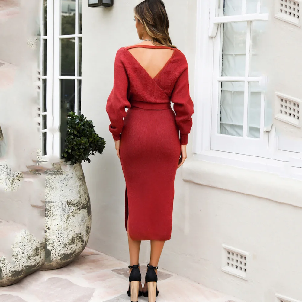 

Bat Sleeve V-Neck High Waist Slim Pullover Sweater Dress OL-Office Lady Long Sleeve Knit Dress Spring Women's Clothes