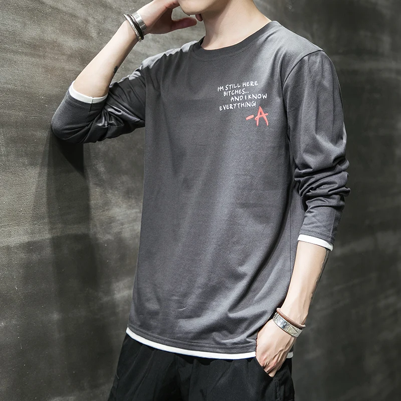 

Men T-shirt Long Sleeve 2021 New Arrival Spring And Autumn Male T-shirts Cotton Letter Student Korean Style Khaki Black Gray T59