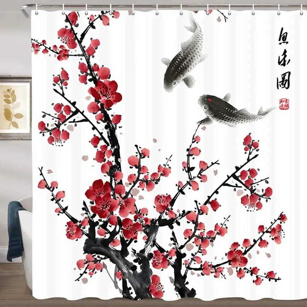 

Asian Flower Shower Curtains, Red Plum Blossom Bloom Trees Branch Koi Japanese Art Polyester Fabric Bathroom Curtain with Hooks